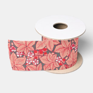 Ruban En Satin Art Nouveau Fraises et Feuilles, Corail Orange