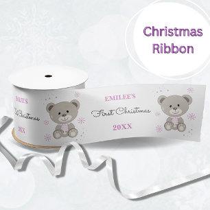 Ruban En Satin Baby Girls First Christmas Teddy Bear Rose