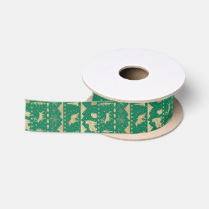 Ruban En Satin Balayage nordique Or Animaux d'hiver Forêt Vert