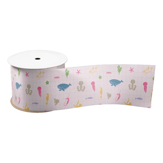 Ruban En Satin Baleine, Ancres, coraux et Motif d'algues (Pink) (Bobine)