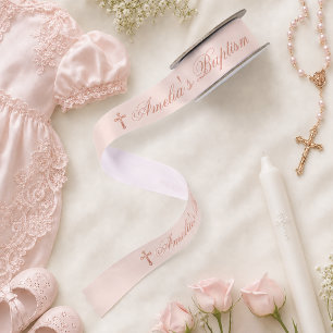 Ruban En Satin Baptême Fille Rose Rose Or Croix et Calligraphie