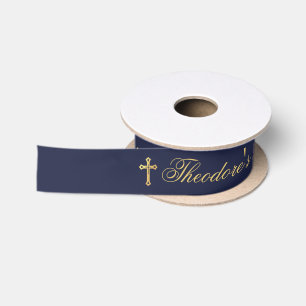 Ruban En Satin Baptême Garçon Bleu Marine Croix Dorée Fausse Call