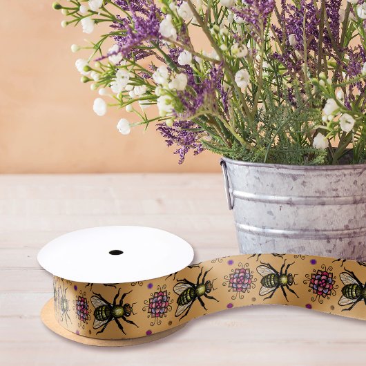 Ruban En Satin Bee miel et fleurs Beige naturel Rustique Floral