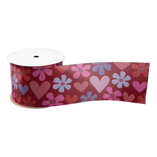 Ruban En Satin Bijoux chaleureux Coeurs et fleurs Motif (Bobine)