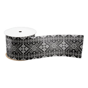 Ruban En Satin Black and White Christmas Fair Isle Motif