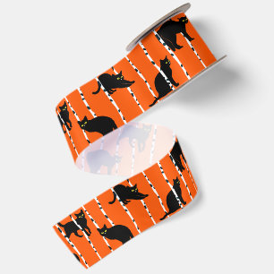 Ruban En Satin Black Cats and Birch Branches on Vibrant Orange