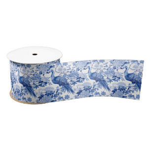 Ruban En Satin Bleu Blanc Chinoiserie Floral Paons Oiseaux