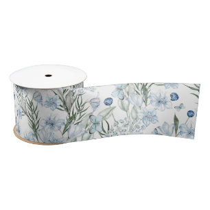 Ruban En Satin Bleu Blancs Aquarelle Motif Floral