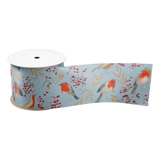 Ruban En Satin Bleu d'oiseau mignon Robin hiver Motif de Noël (Bobine)