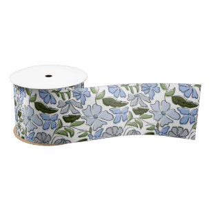 Ruban En Satin Bleu et vert main tiré bloc floral Imprimer