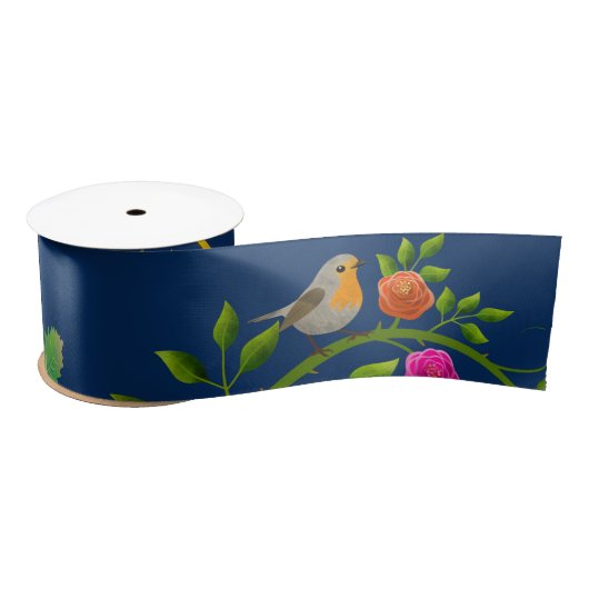 Ruban En Satin Bleu Floral Bird Imprimer (Bobine)