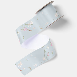Ruban En Satin Bleu Gris Doux Gaura Aquarelle Florale