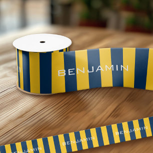 Ruban En Satin Bleu marine et jaune rayures de rugby Nom personna