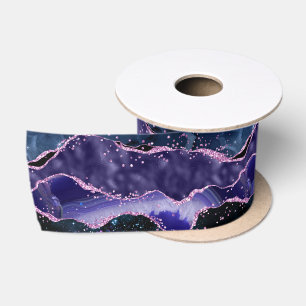 Ruban En Satin Bleu Nuit et Paillettes Violettes Agate Océan