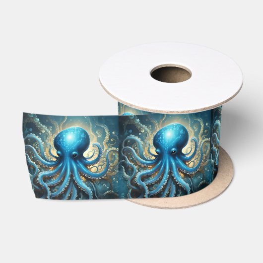 Ruban En Satin Bleu Octopus Acrylique Abstraite, (Bobine)