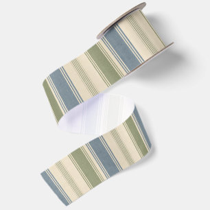Ruban En Satin Bleu Poussiéreux & Vert Sauge Rayures Multi-Largeu