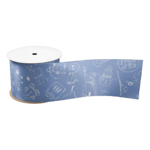 Ruban En Satin Bleu Whimsical blanc Doodle Ribbon de Noël