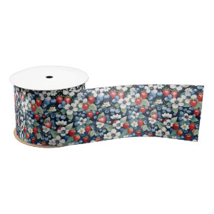 Ruban En Satin Bleuets Et Fraises Floral
