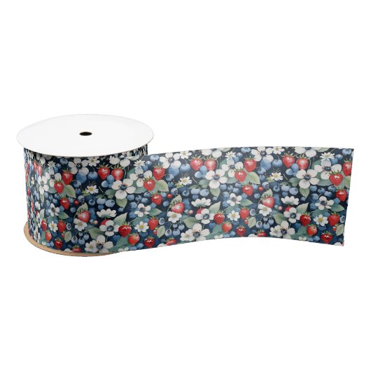 Ruban En Satin Bleuets Et Fraises Floral (Bobine)