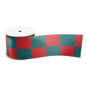Ruban En Satin Blocs de damier turquoise et rouge