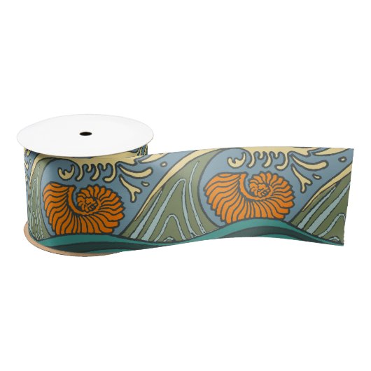 Ruban En Satin Blue Ocean Waves Nautilus Seashell Motif Nouveau (Bobine)