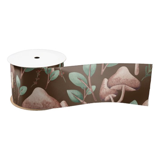 Ruban En Satin Boho Eucalyptus Forêt Champignons Brown foncé (Bobine)