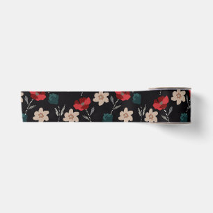 RUBAN EN SATIN BOHO FLEURS ABSTRAITES EN NOIR