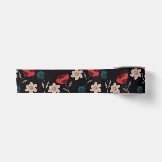 RUBAN EN SATIN BOHO FLEURS ABSTRAITES EN NOIR (Devant)