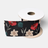 RUBAN EN SATIN BOHO FLEURS ABSTRAITES EN NOIR (Bobine)