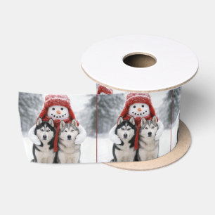 Ruban En Satin Bonhomme de neige étreignant des chiens huskies si
