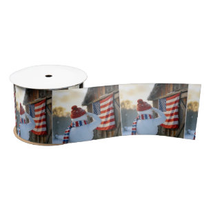 Ruban En Satin Bonhomme de neige saluant un drapeau américain