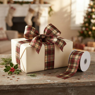 Ruban En Satin Bourgogne Rouge & Vert Plaid de Noël Traditionnel