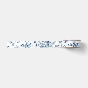 Ruban En Satin Branche de fleurs bleues Toile de Jouy répétée Sat