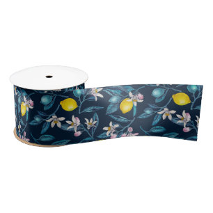 Ruban En Satin Branches de citron avec fleurs et fruits sur le bl