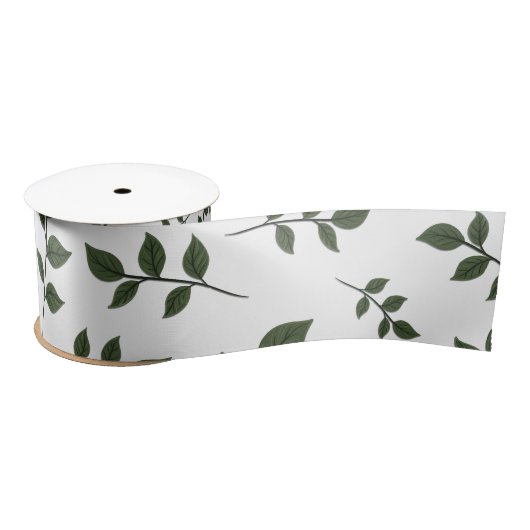 Ruban En Satin Branches de feuillage avec Feuilles verts en blanc (Bobine)