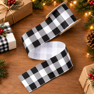 Ruban En Satin Cadeau de Noël à carreaux Tartan noir et blanc cla