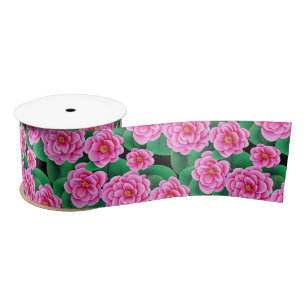 Ruban En Satin Camellias rose Fuchsia et Feuilles verts Jade
