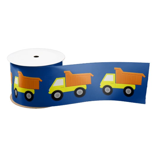 Ruban En Satin Camion De Construction Jaune Sur Bleu (Bobine)
