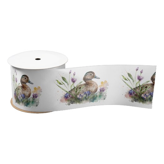 Ruban En Satin Canard D'Aquarelle En Fleurs (Bobine)