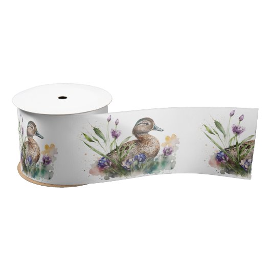 Ruban En Satin Canard D'Aquarelle En Fleurs (Bobine)