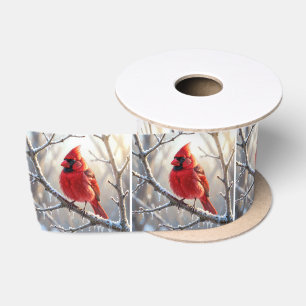 Ruban En Satin Cardinal perché sur une branche d'hiver avec des g