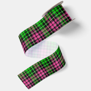 Ruban En Satin Carreaux Tartan Rose Et Vert Noir