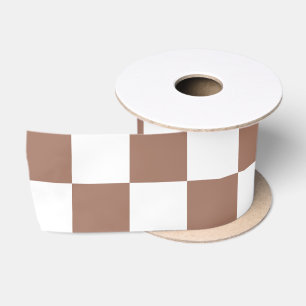 Ruban En Satin Carrés damier marron moka blanc géométrique rétro