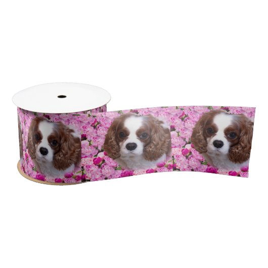 Ruban En Satin Cavalier King Charles Spaniel Peonies (Bobine)