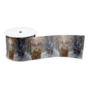 Ruban En Satin Cerf dans les flocons de neige portant une couronn