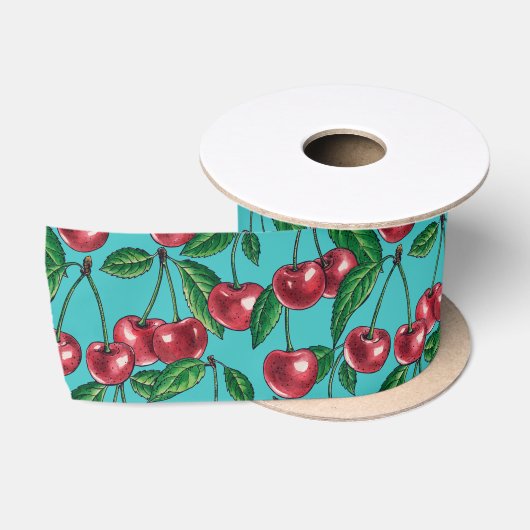Ruban En Satin Cerises rouges sur turquoise (Bobine)