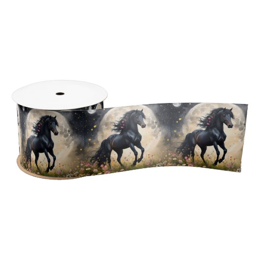 Ruban En Satin Champ de fleur de lune de cheval noir, (Bobine)