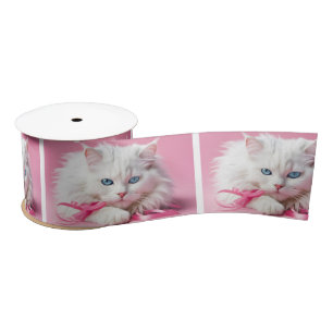 Ruban En Satin Chat Blanc Avec Rubans Roses