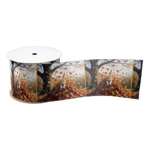 Ruban En Satin Chat de gingembre sautant de la feuille d'automne 