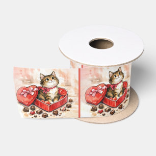 Ruban En Satin Chaton tigré assis dans une boîte de bonbons